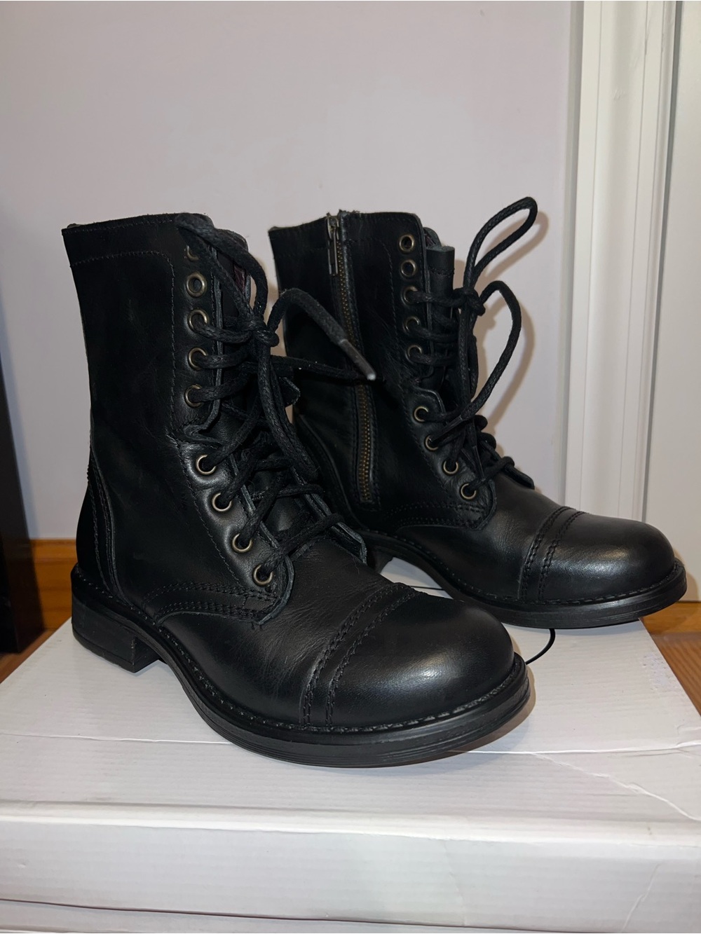 Steve Madden Tropa 2-0 Black Leather Lace-Up Combat Boots